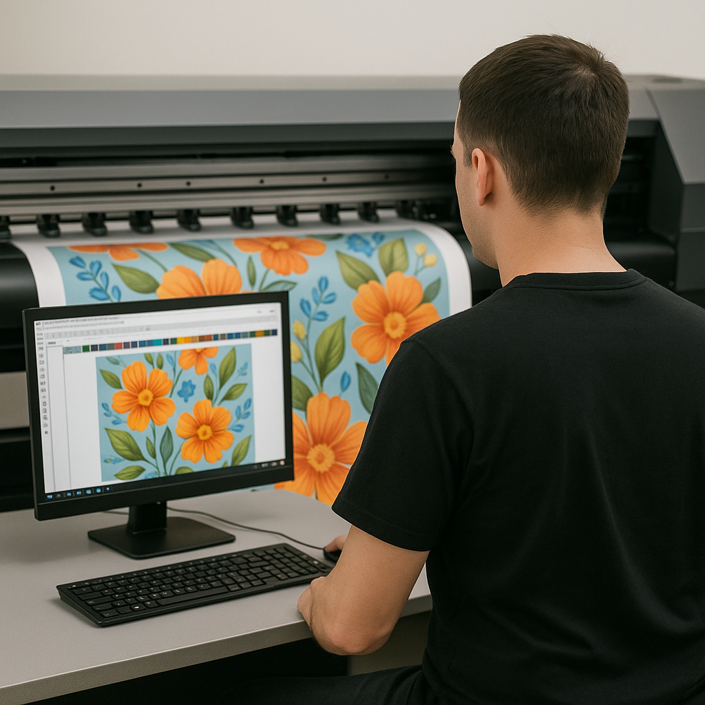 Operador frente a computadora enviando a imprimir