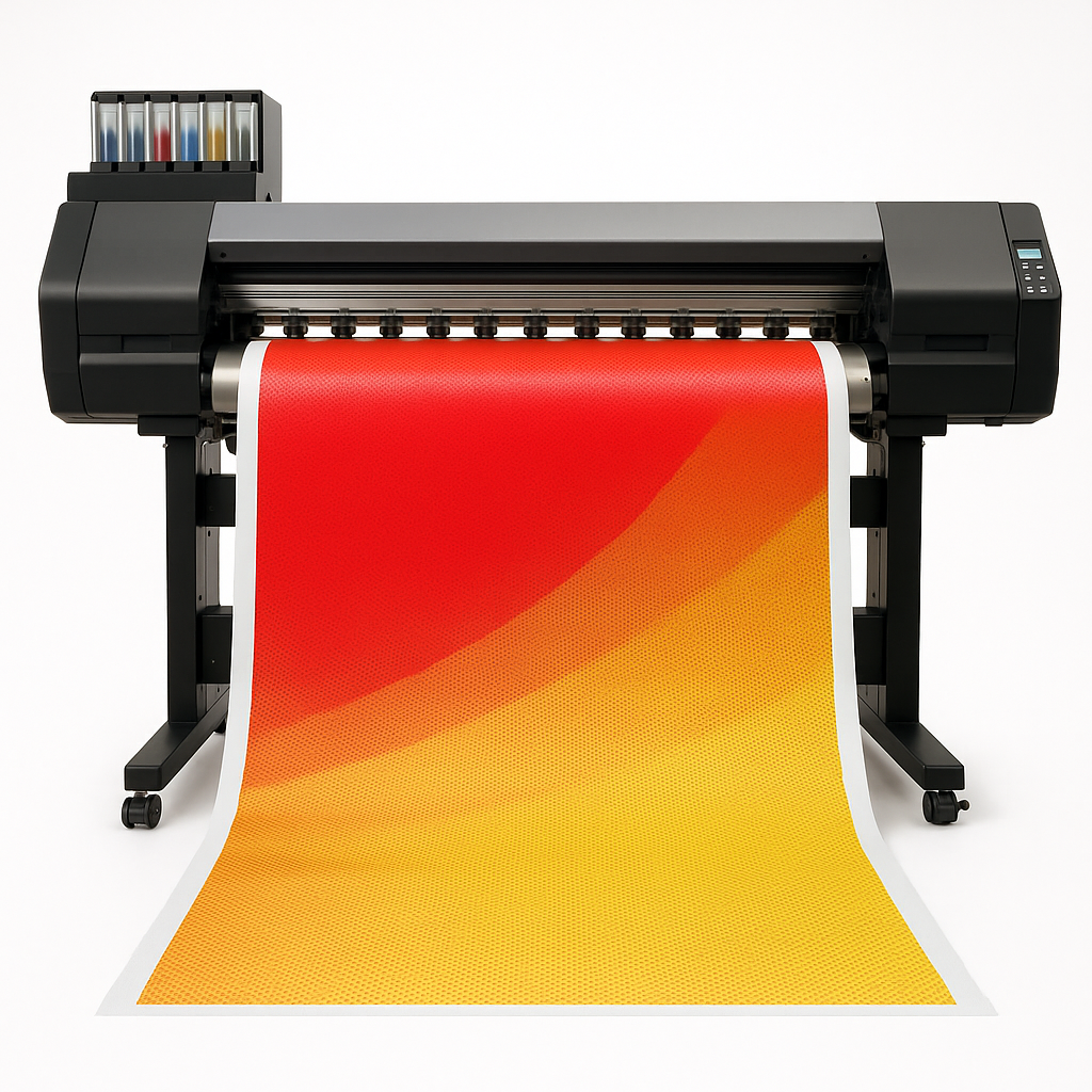 Plotter de frente imprimiendo microperforado sobre fondo blanco